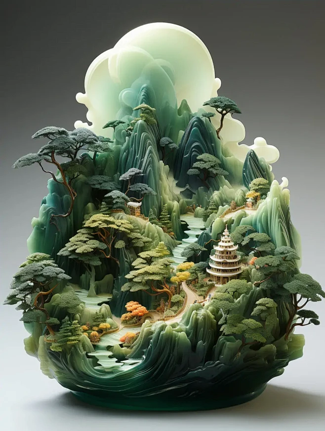 创意玉石翡翠山水风景树木雕刻模型摆件艺术...