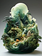 创意玉石翡翠山水风景树木雕刻模型摆件艺术品Midjourney关键词咒语