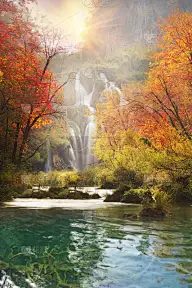 瀑布,秋天,清新,环境,池塘,童话故事,湖,植物,河流,岩石