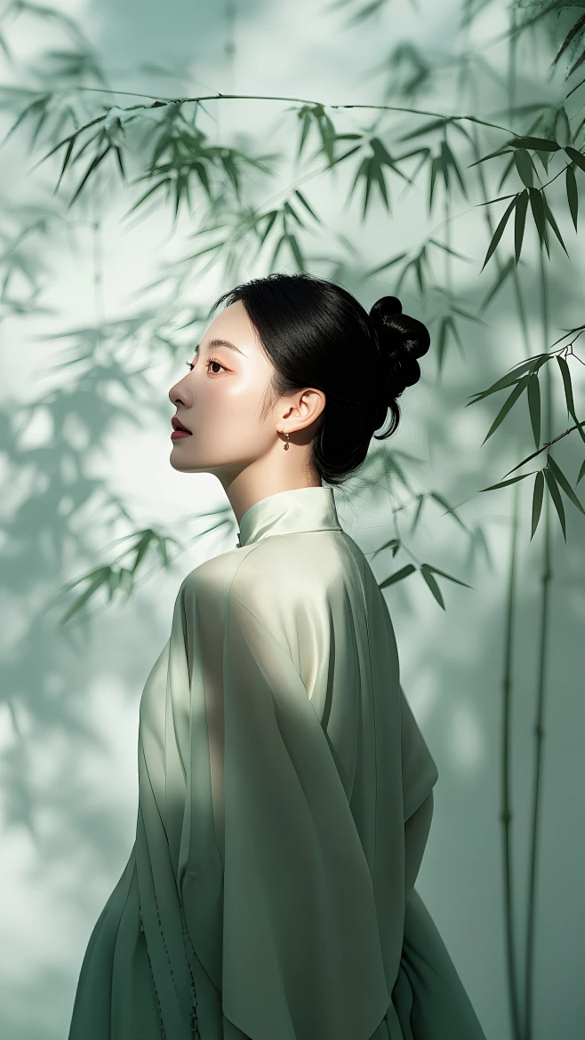 人像摄影；新中式风格；穿着淡绿色新中式风格衣服的的女人肖像，侧脸，竹子影子摇曳，精致的审美情感，逼真的图像-花瓣网