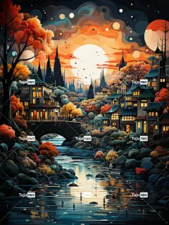 一幅展示河流、中国古代村落、中国古代建筑的油画，设计风格俏皮