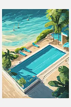 扁平风夏季游泳池插画AI数字艺术