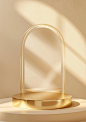 A minimalist gold circular podium with straight lines and curves. The light beige background creates an elegant atmosphere. In the center of the display stand stands a rounded oval mirror, reflecting a golden gradient in shades from warm to cool tones. A 