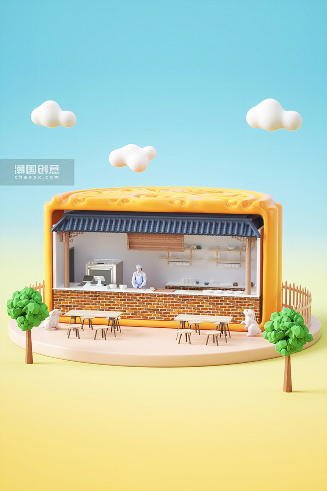 3Dc4d创意立体中秋中秋节月饼店铺餐饮...