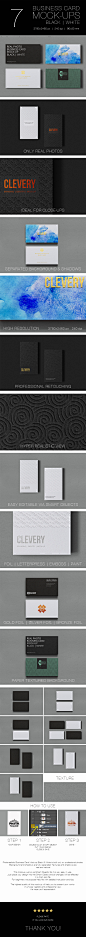 Photorealistic Business Card Mockup // Black & White : 7 PSD files,Built only on professional photos,Professional retouching,Separated background and shadows,High resolution 3780x2460 px, 240 dpi,Ideal for the close-ups,Business cards size 90x50 mm,Ea