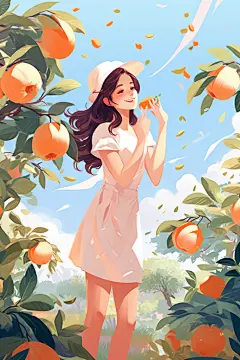 女生橘子扁平风水果女孩人像插画