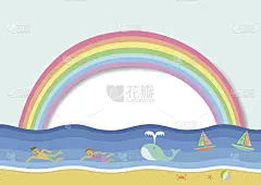 彩虹卡通人物在海里游泳。颜色背景与天空和太阳白色或讲话气泡。