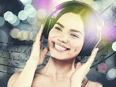 美少女戴着耳机听音乐，女性肖像