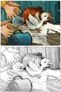 卡通片场景，鸟类小天鹅带着素描本从人类手中逃脱- -儿童图解