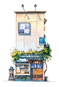 Tokyo Storefront #10 Noike, Mateusz マテウシュ Urbanowicz ウルバノヴィチ : Final piece in this “Tokyo Storefront” watercolour illustration series. This is a really interesting sushi shop located in the Yanaka Tokyo district. I like how this building combines traditio