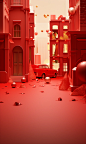 A red scene with a red street with green paper, in the style of 8k 3d, festive atmosphere, vray, playful character designs, light red and gold, minimalist still life, packed with hidden details