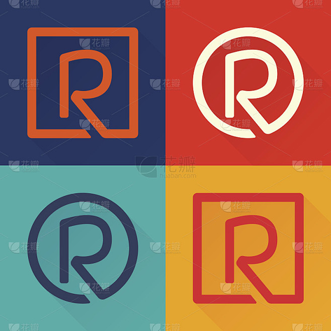 R字母扁图标在圆形和方形。