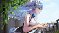 Anime 3840x2160 Hololive Yukihana Lamy blue hair looking into the distance yellow eyes dress big boobs balcony anime girls pointy ears flower in hair champagne