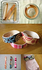 Popsicle stick bracelets: Soak in water for 3hrs and place in cup to dry. Modge Podge your favorite paper to it.