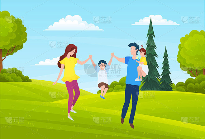 爸爸，妈妈和孩子走在乡下。灌木丛，树木，夏天的风景。卡通平面自然形象