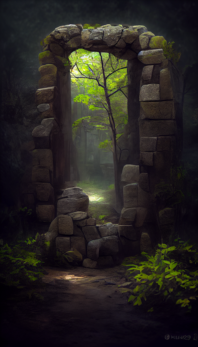 一个简单的旧石门废墟，情绪照明，超现实，...