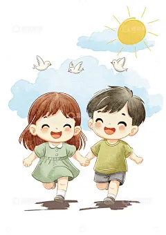 六一夏天蓝天白云牵手奔跑儿童手绘插画高清模板免费下载-趣麦麦图