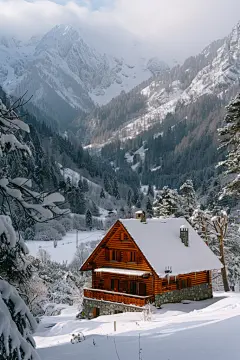 冬季雪景山边小木屋