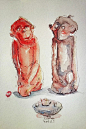 买的打铁笔记本，里面请了15位插画家一起画猴子，这是勾犇的作品，一对品香茗，对诗的小猴子