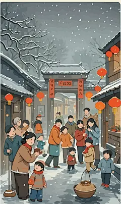 春节雪景街景庆春插画图形
