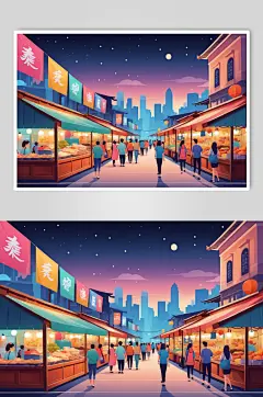 AI数字艺术扁平化人物逛街集市场景插画