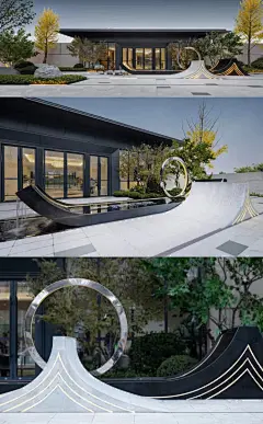 东青·云锦熙悦

轻舟去何疾
落霞之时已到云林境
... 

平直屋檐彰显着中原文仪的风范，彰显入口尊贵大气，两侧绿植、树木，层次渐进的空间秩序柔和了场所的厚重，形成引人入境的视觉阶梯。

以“翻腾的浪花”提取肌理，抽象演变形成立体的景观构架， 水榭盘踞一侧、跌水印一潭春花秋月...