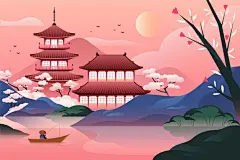 有湖的梯度日本寺庙