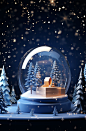 A blue transparent snow globe with stars and snow, in the style of daz3d, spectacular backdrops, yanjun cheng, light navy and beige, porcelain, contest winner, vibrant stage backdrops