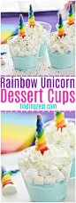 Unicorns and rainbows is killer combination, especially for a unicorn party! These fun rainbow unicorn dessert cups feature blue mousse, marshmallows, whipped cream and sprinkles. The star of this dessert are the chocolate rainbow unicorn horns! I'll show