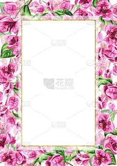 粉红九重葛与花和叶卡与拷贝空间。手绘水彩插图孤立的白色背景