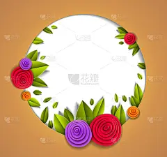 背景与花和叶子剪纸风格，复制空间的文字，矢量花卉插图。婚礼请柬或浪漫贺卡。