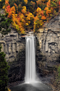  一个215英尺高的瀑布在纽约州伊萨卡。  
