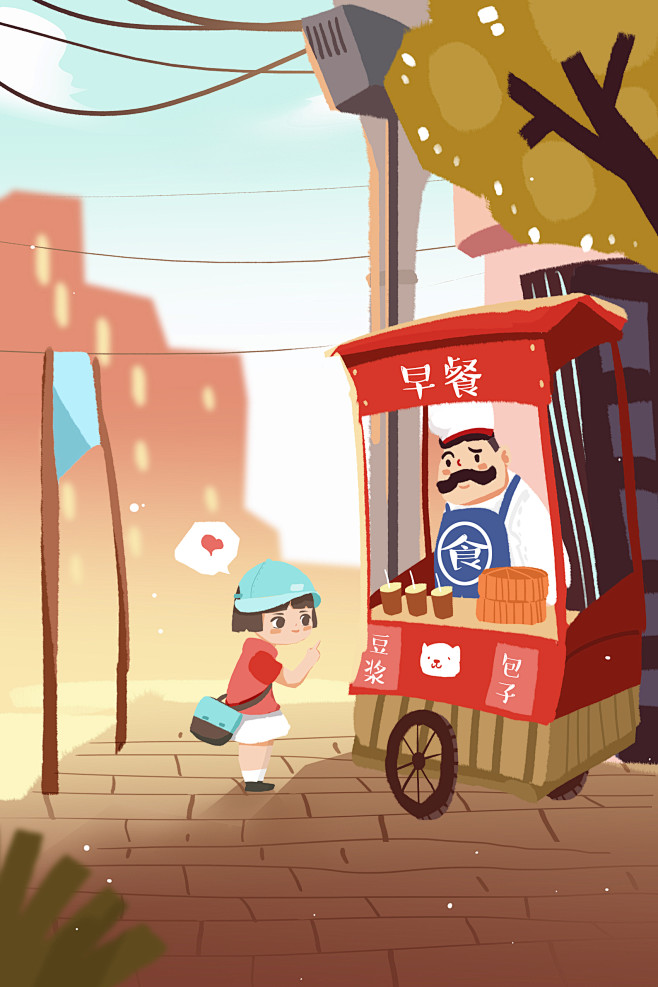 早餐插画早餐买早餐厨子厨师早点卖早点点心早餐插画美食日常食物插画