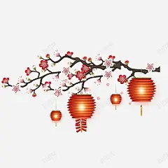 梅花灯笼树枝高清素材 卡通手绘 树枝 梅花灯笼 绿色植物 装饰图案 鲜花绿叶 免抠png 设计图片 免费下载