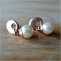 韩国流行饰品镂空拉丝玫瑰金色合金圆珍珠短耳环