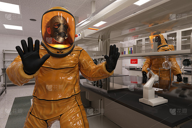 一个穿着生化防护服的人在一个生物实验室的3d插图中工作
