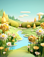 an image of an 3d scene in 3d, in the style of cute cartoonish designs, flower and nature motifs, light yellow and green, uhd image, pastoral scenes, meticulous design