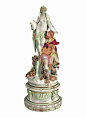 19 世纪后期神话人物组和瓷器，新洛可可式底座蒙眼的缪斯女神和坐着的战士，柏林
