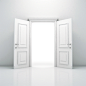 an extreme website illustrating picture showing ,two doors openning, on a clean white backdrop