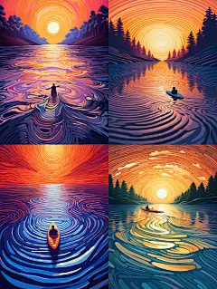 手绘极简主义抽象艺术人物湖面皮划艇水波纹涟漪Midjourney关键词咒语
