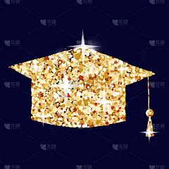 毕业帽标志概念插图，金色大学生图标制成的金色闪光尘埃在黑色的背景。EPS10向量。
