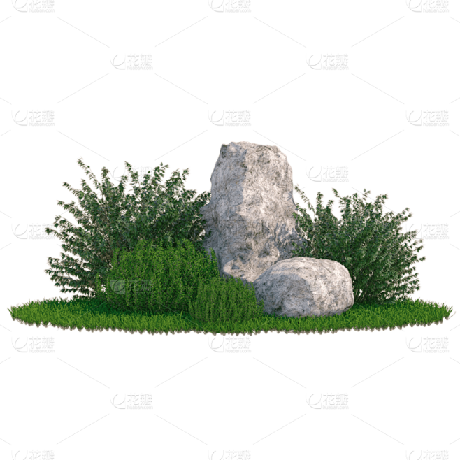 绿草地石头3D灌木丛元素