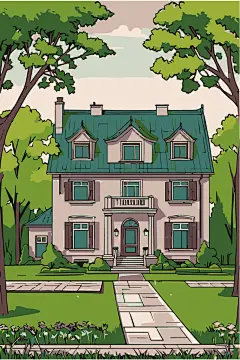 矢量手绘卡通别墅插画