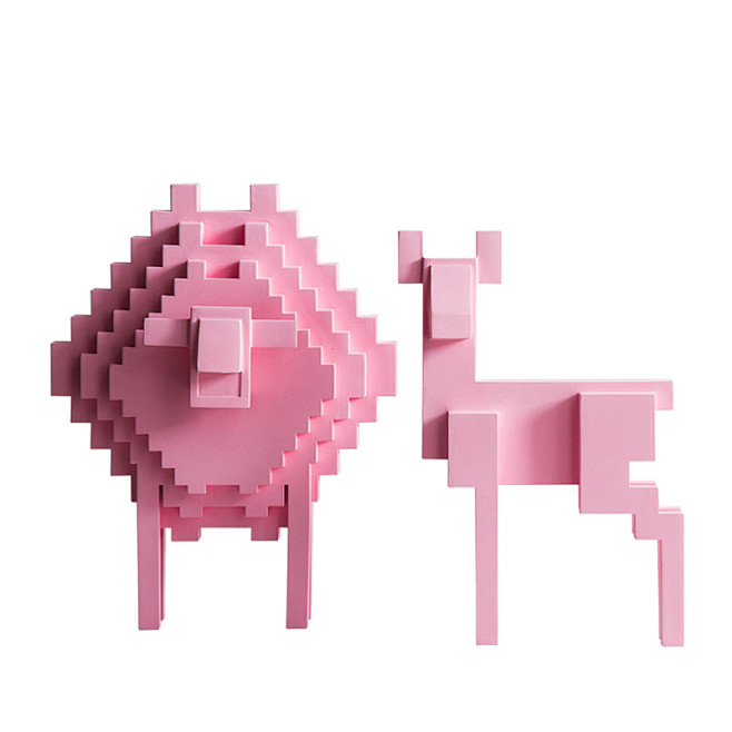 北欧创意抽象动物摆件 娇羞粉色方块乐高造...