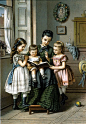 Reading to the Children, Lithograph, German, c1870.