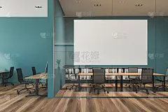 蓝色的办公室会议室，玻璃墙，海报