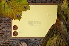 纸上空白的文字与叶，木按钮和围巾。秋天的背景。本空间