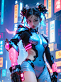  (masterpiece, best quality: 1.2) , 16K, horizontal image quality, future technology, 1girl, dynamic pose, glowing clothing, multi-line light on body, multi-light clothing, chinese Chun-Li in a cyberpunk-style mech suit, meatball head, (glowing electronic