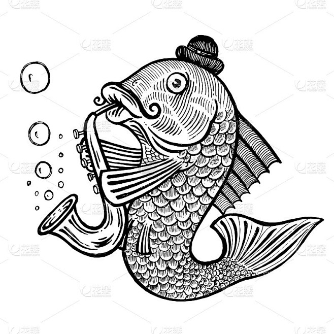 Fish演奏萨克斯管，矢量插图。鱼的集合...