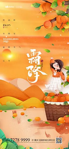 海报 地产 二十四节气 霜降 柿子 小女孩 漫画 霜降节气海报